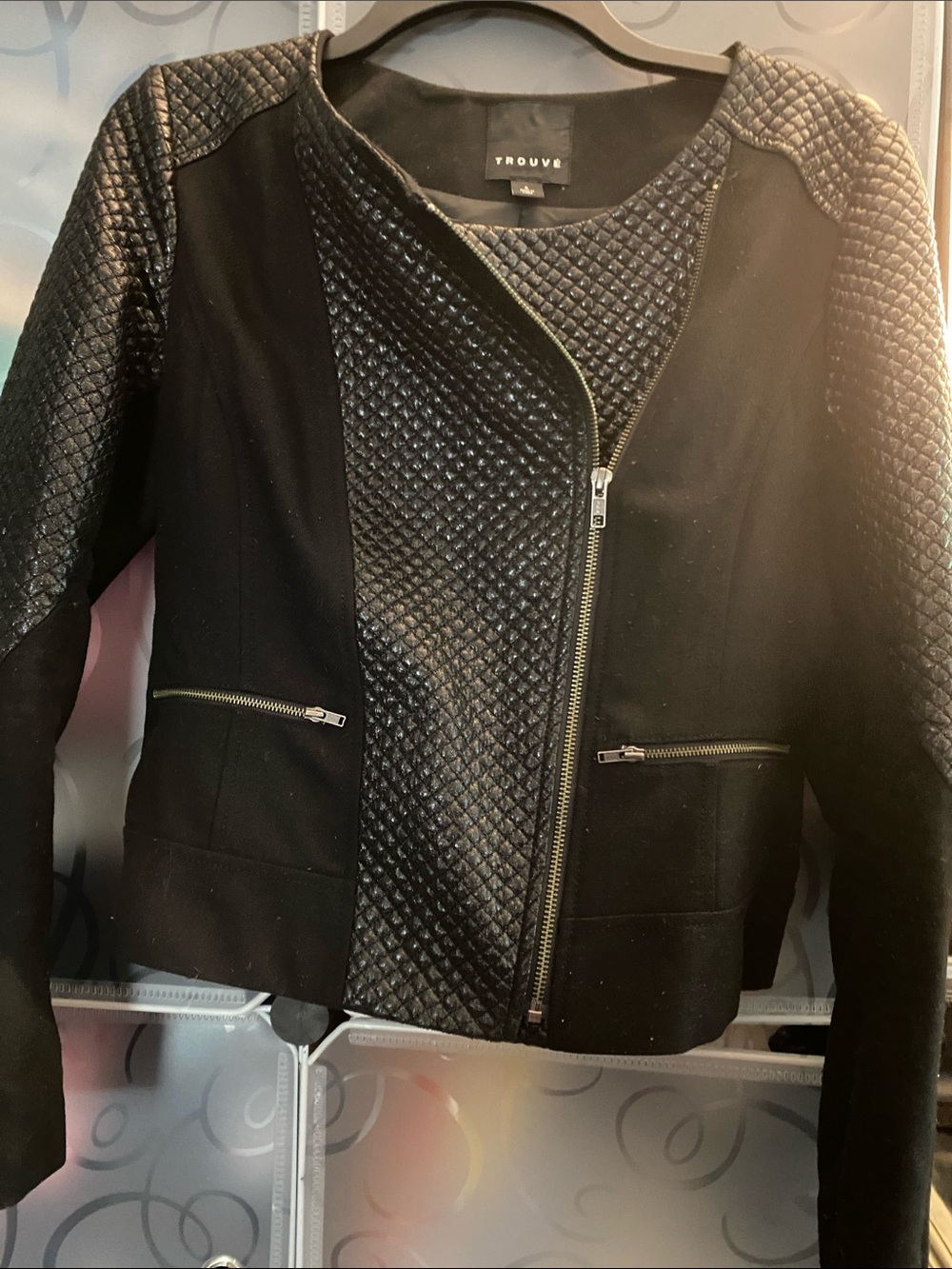 Women’s Black Asymmetric Zippering Front with Faux Leather Arm Patches